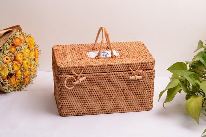 Woven Basket with Handle, Vietnam Traditional Handmade Rattan Wicker  Storage Basket