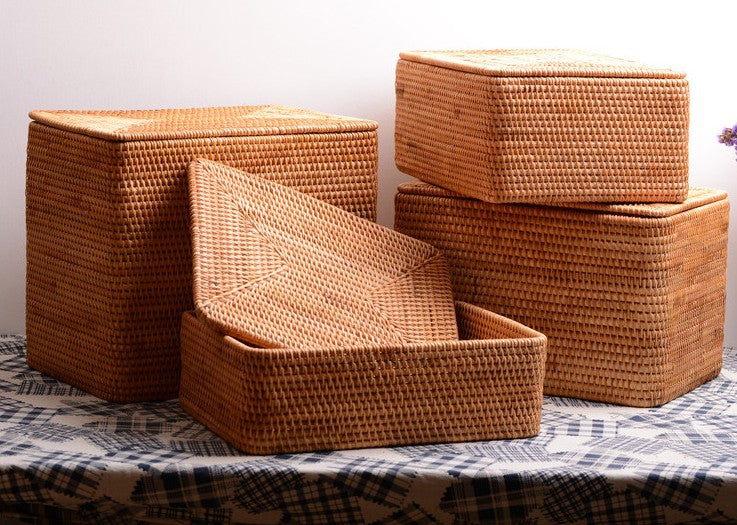 Woven Rattan Baskets, Rectangular Basket with Lid, Rectangular