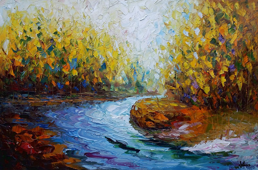 Landscape Art, Autumn River, Abstract Painting, Oil Painting, Modern A