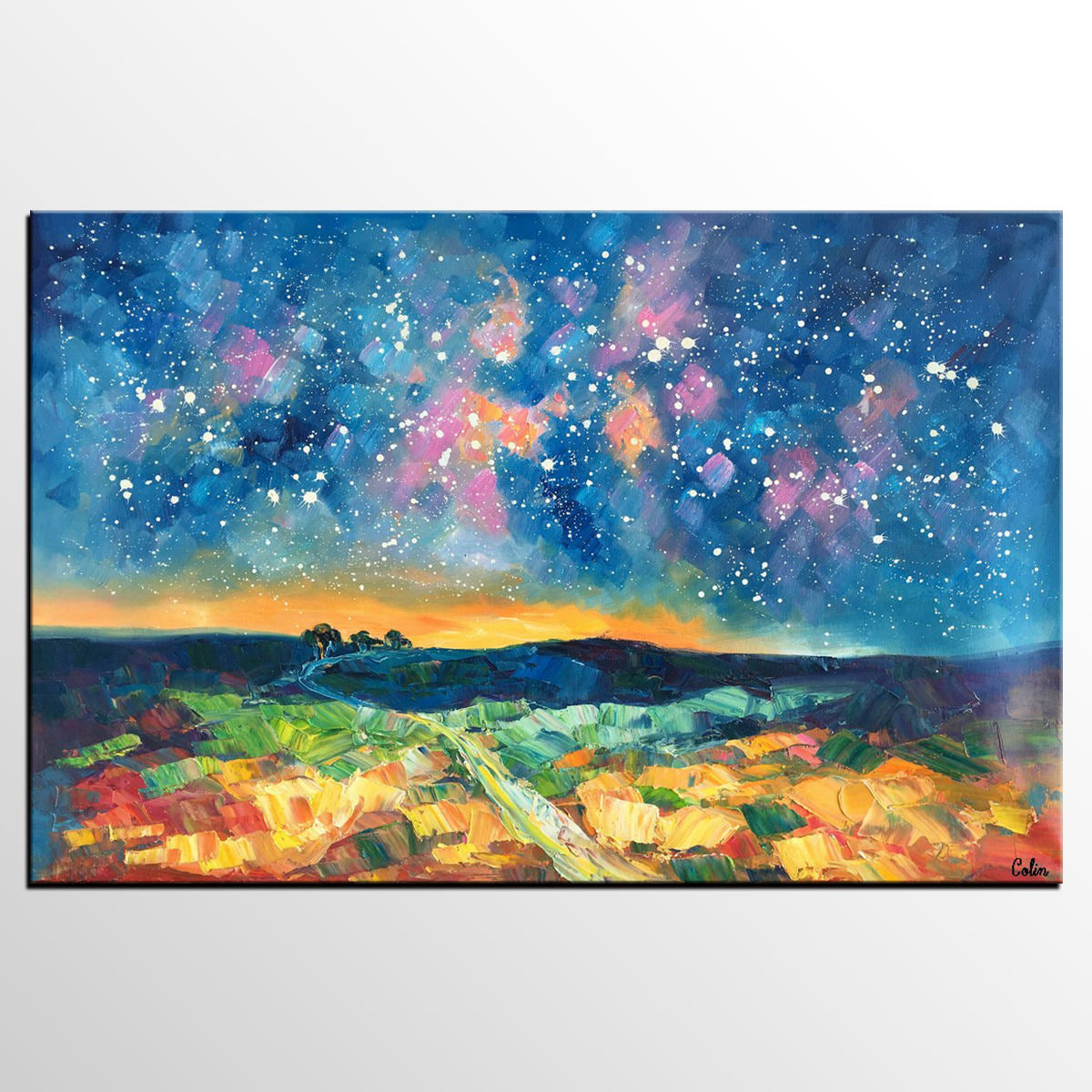 Hand painted starry night signed painting on on sale canvas