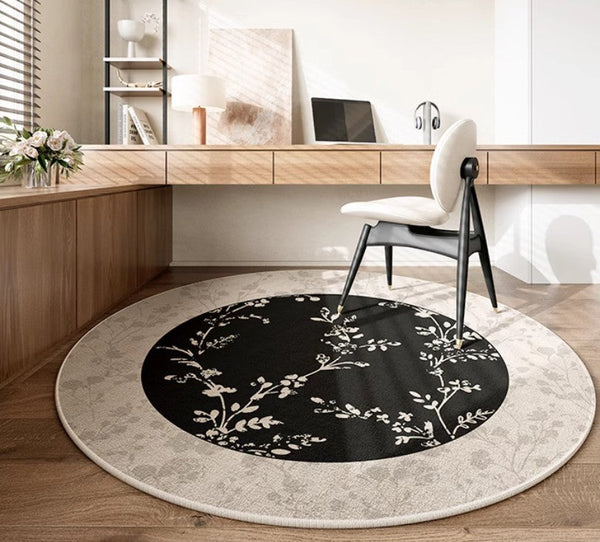 Contemporary Round Rugs for Dining Room, Flower Pattern Round Carpets under Coffee Table, Circular Modern Rugs for Living Room, Modern Area Rugs for Bedroom-Art Painting Canvas