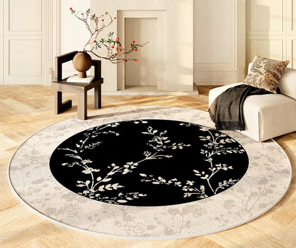 Contemporary Round Rugs for Dining Room, Flower Pattern Round Carpets under Coffee Table, Circular Modern Rugs for Living Room, Modern Area Rugs for Bedroom-Art Painting Canvas