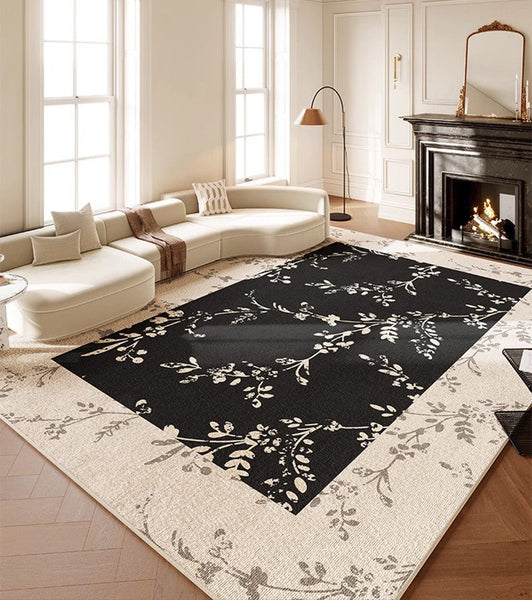 Contemporary Floor Carpets for Living Room, Large Modern Rugs for Sale, Dining Room Modern Rugs, Black Flower Pattern Geometric Modern Rugs in Bedroom-Art Painting Canvas