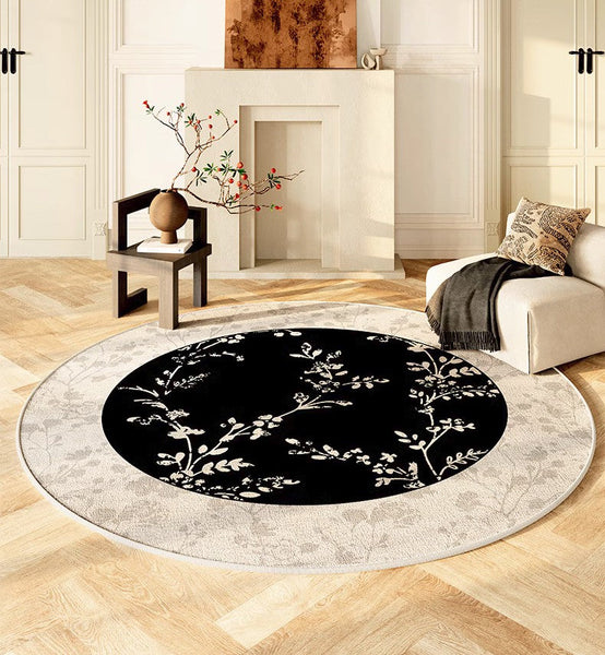 Contemporary Round Rugs for Dining Room, Flower Pattern Round Carpets under Coffee Table, Circular Modern Rugs for Living Room, Modern Area Rugs for Bedroom-Art Painting Canvas