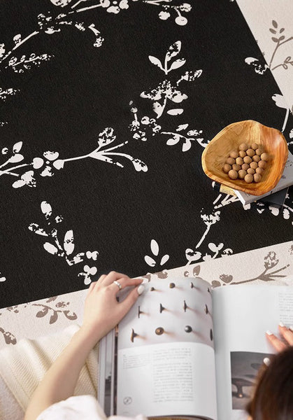 Contemporary Floor Carpets for Living Room, Large Modern Rugs for Sale, Dining Room Modern Rugs, Black Flower Pattern Geometric Modern Rugs in Bedroom-Art Painting Canvas