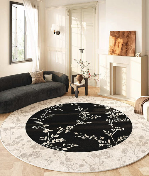 Contemporary Round Rugs for Dining Room, Flower Pattern Round Carpets under Coffee Table, Circular Modern Rugs for Living Room, Modern Area Rugs for Bedroom-Art Painting Canvas