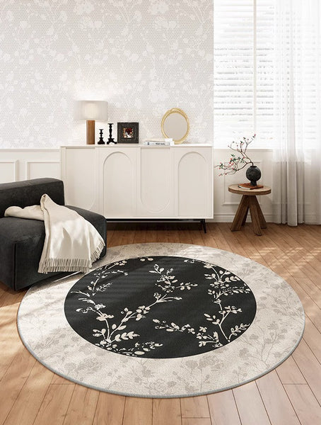 Contemporary Round Rugs for Dining Room, Flower Pattern Round Carpets under Coffee Table, Circular Modern Rugs for Living Room, Modern Area Rugs for Bedroom-Art Painting Canvas