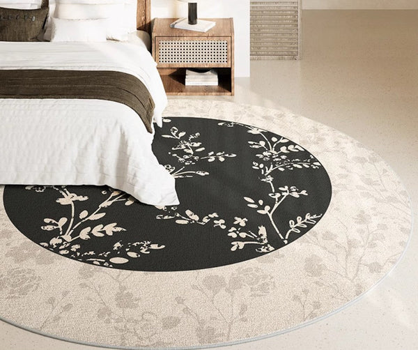 Contemporary Round Rugs for Dining Room, Flower Pattern Round Carpets under Coffee Table, Circular Modern Rugs for Living Room, Modern Area Rugs for Bedroom-Art Painting Canvas