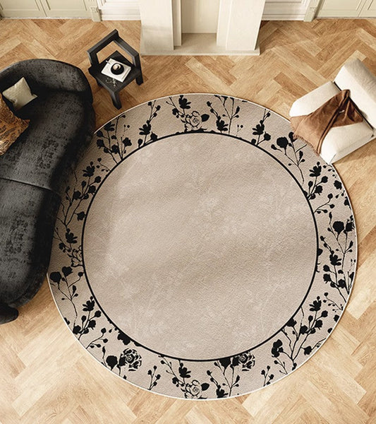 Flower Pattern Round Carpets under Coffee Table, Contemporary Round Rugs for Dining Room, Circular Modern Rugs for Living Room, Modern Area Rugs for Bedroom-Art Painting Canvas