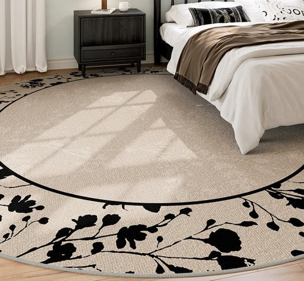 Flower Pattern Round Carpets under Coffee Table, Contemporary Round Rugs for Dining Room, Circular Modern Rugs for Living Room, Modern Area Rugs for Bedroom-Art Painting Canvas