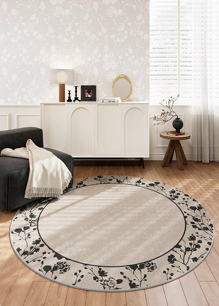 Flower Pattern Round Carpets under Coffee Table, Contemporary Round Rugs for Dining Room, Circular Modern Rugs for Living Room, Modern Area Rugs for Bedroom-Art Painting Canvas