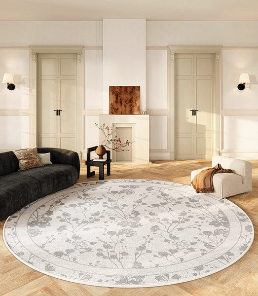 Modern Area Rugs for Bedroom, Flower Pattern Round Carpets under Coffee Table, Contemporary Round Rugs for Dining Room, Circular Modern Rugs for Living Room-Art Painting Canvas