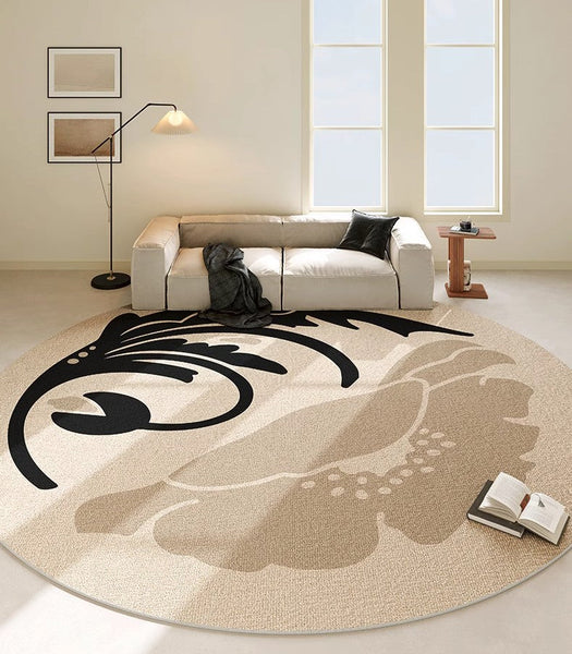 Dining Room Round Rugs, Modern Area Rugs under Coffee Table, Round Modern Rugs, Flower Pattern Abstract Contemporary Area Rugs, Modern Rugs in Bedroom-Art Painting Canvas