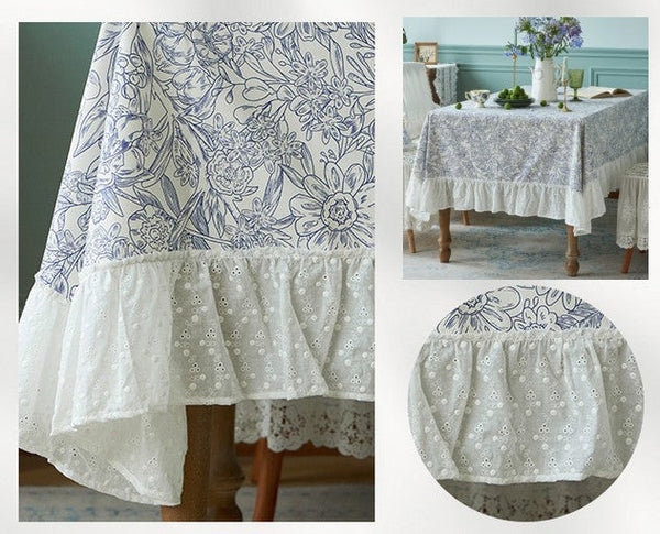 Cotton Rectangle Tablecloth for Dining Room Table, Natural Spring Farmhouse Table Cloth, Blue Flower Pattern Cotton Tablecloth, Square Tablecloth for Round Table-Art Painting Canvas