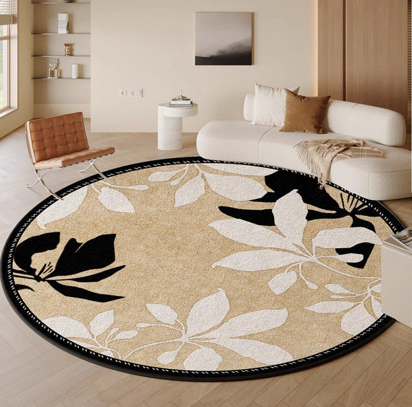 Contemporary Modern Rugs, Flower Pattern Circular Modern Rugs under Chairs, Geometric Round Rugs for Dining Room, Bedroom Abstract Modern Area Rugs-Art Painting Canvas