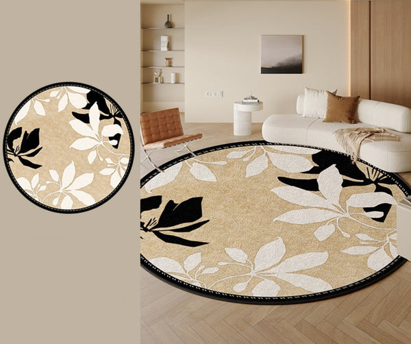 Contemporary Modern Rugs, Flower Pattern Circular Modern Rugs under Chairs, Geometric Round Rugs for Dining Room, Bedroom Abstract Modern Area Rugs-Art Painting Canvas