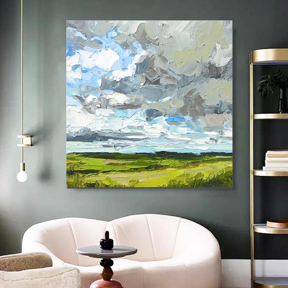 Large Acrylic Paintings for Bedroom, Heavy Texture Canvas Art, Abstract Landscape Painting, Grass Land under Sky Painting, Landscape Paintings for Living Room-Art Painting Canvas