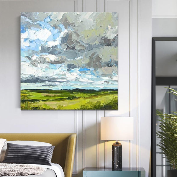 Large Acrylic Paintings for Bedroom, Heavy Texture Canvas Art, Abstract Landscape Painting, Grass Land under Sky Painting, Landscape Paintings for Living Room-Art Painting Canvas