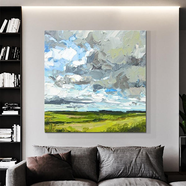 Large Acrylic Paintings for Bedroom, Heavy Texture Canvas Art, Abstract Landscape Painting, Grass Land under Sky Painting, Landscape Paintings for Living Room-Art Painting Canvas