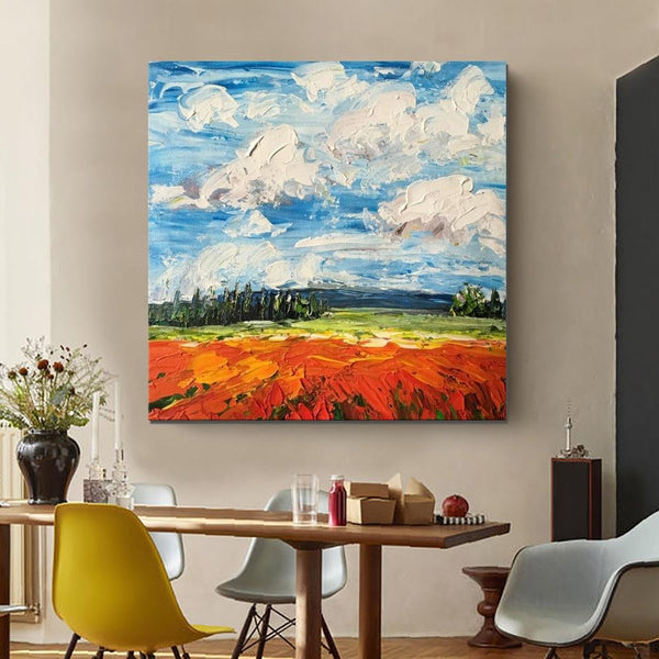 Abstract Landscape Painting, Landscape Paintings for Living Room, Red Poppy Field and Sky, Large Landscape Painting for Dining Room, Heavy Texture Painting-Art Painting Canvas