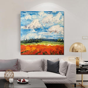 Abstract Landscape Painting, Landscape Paintings for Living Room, Red Poppy Field and Sky, Large Landscape Painting for Dining Room, Heavy Texture Painting-Art Painting Canvas