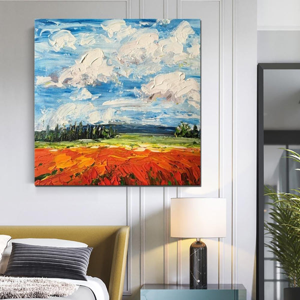 Abstract Landscape Painting, Landscape Paintings for Living Room, Red Poppy Field and Sky, Large Landscape Painting for Dining Room, Heavy Texture Painting-Art Painting Canvas