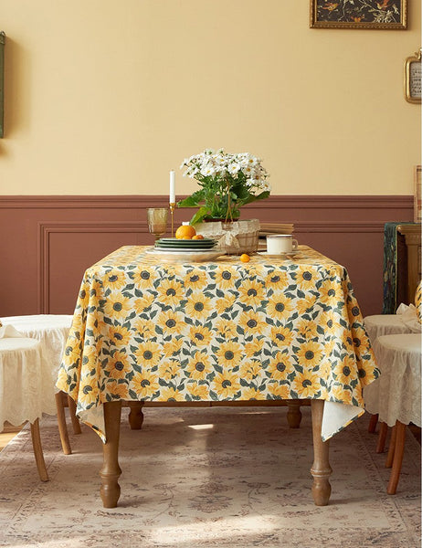 Modern Rectangle Tablecloth for Dining Room Table, Yellow Sunflower Pattern Farmhouse Table Cloth, Square Tablecloth for Round Table-Art Painting Canvas