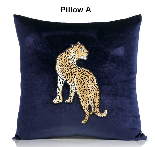 Modern Sofa Pillows, Contemporary Throw Pillows, Cheetah Decorative Throw Pillows, Blue Decorative Pillows for Living Room-Art Painting Canvas