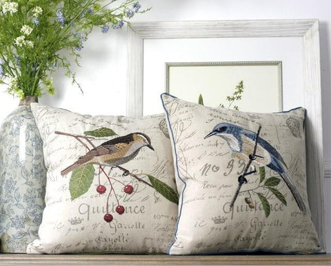 Rustic Sofa Throw Pillows, Decorative Throw Pillows for Couch, Bird Embroidery Pillows, Cotton and Linen Pillow Cover-Art Painting Canvas