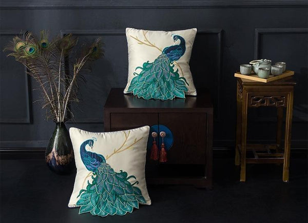 Beautiful Decorative Throw Pillows, Embroider Peacock Cotton and linen Pillow Cover, Decorative Sofa Pillows, Decorative Pillows for Couch-Art Painting Canvas