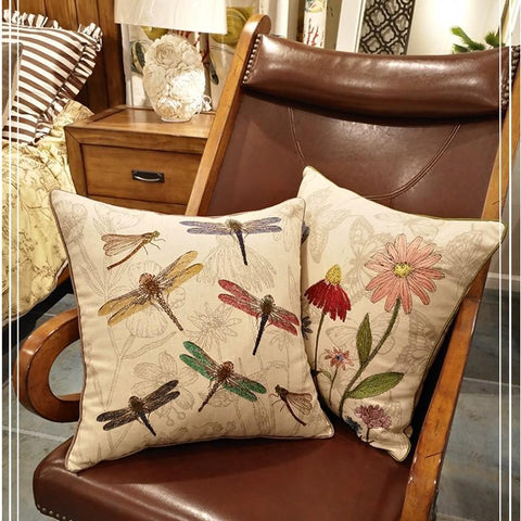 Dragonfly and Flower Cotton and linen Pillow Cover, Embroider Decorative Throw Pillow, Decorative Pillows for Car, Flower Decorative Pillows-Art Painting Canvas