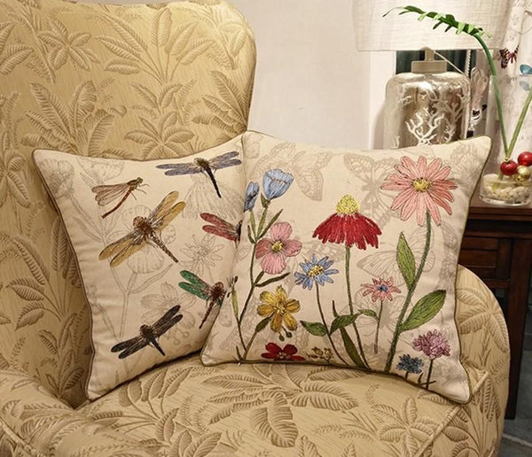 Dragonfly and Flower Cotton and linen Pillow Cover, Embroider Decorative Throw Pillow, Decorative Pillows for Car, Flower Decorative Pillows-Art Painting Canvas