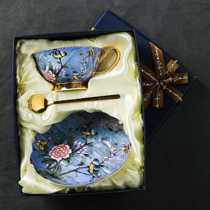 Unique British Tea Cup and Saucer in Gift Box, Blue Bird and Butterfly Bone China Porcelain Tea Cup Set, Elegant British Ceramic Coffee Cups-Art Painting Canvas