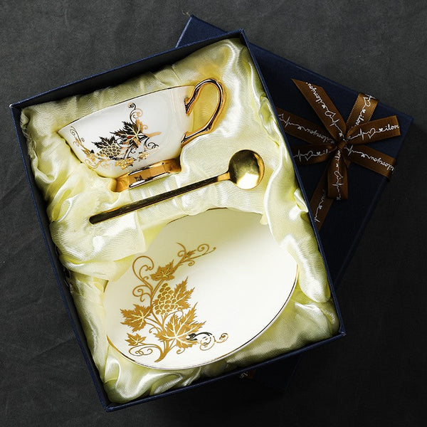 Elegant British Ceramic Coffee Cups, Golden Leaves and Grapes Bone China Porcelain Tea Cup Set, Unique British Tea Cup and Saucer in Gift Box-Art Painting Canvas