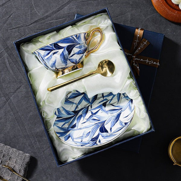 Unique British Tea Cup and Saucer in Gift Box, Blue Bone China Porcelain Tea Cup Set, Elegant British Ceramic Coffee Cups-Art Painting Canvas