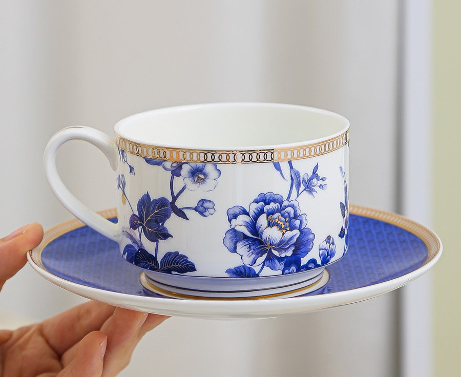 Elegant Blue Flower Ceramic Cups, Creative Bone China Porcelain Tea Cup Set, Unique Royal Coffee Cup and Saucer, Beautiful Flower British Tea Cups-Art Painting Canvas