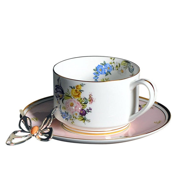 Beautiful Flower British Tea Cups, Creative Bone China Porcelain Tea Cup Set, Elegant Flower Ceramic Cups, Unique Royal Coffee Cup and Saucer-Art Painting Canvas