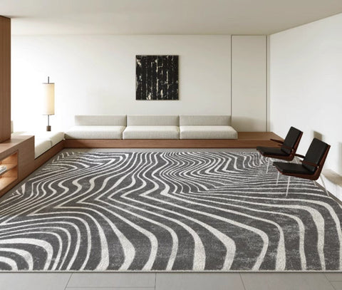 Abstract Contemporary Rugs for Bedroom, Black Stripe Area Rugs under Sofa, Mid Century Area Rugs for Living Room, Modern Carpets for Office, Dining Room Floor Rugs-Art Painting Canvas