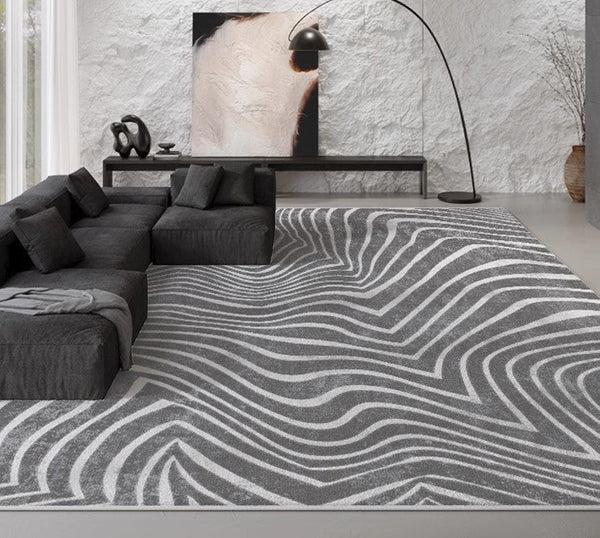 Abstract Contemporary Rugs for Bedroom, Black Stripe Area Rugs under Sofa, Mid Century Area Rugs for Living Room, Modern Carpets for Office, Dining Room Floor Rugs-Art Painting Canvas