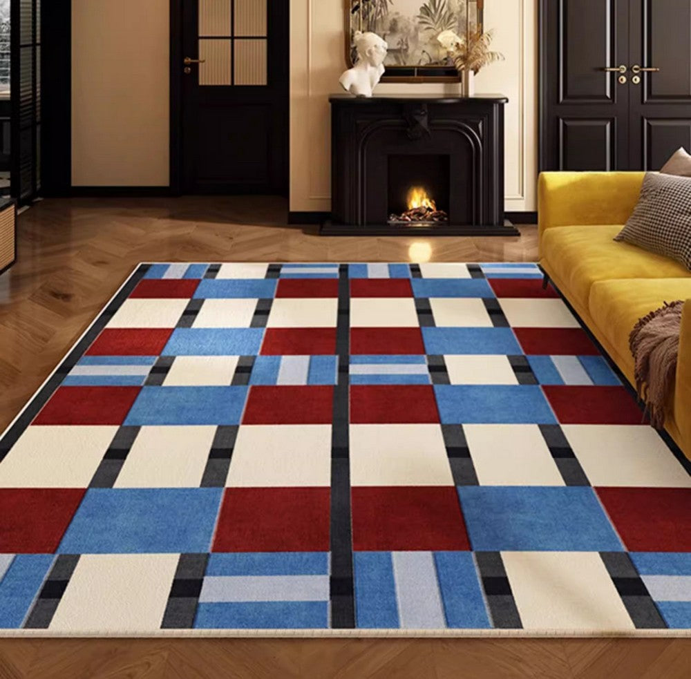 Geometric Modern Rugs for Dining Room, Mid Century Modern Living Room Rugs, Blue Contemporary Area Rugs for Bedroom, Dining Room Floor Carpets-Art Painting Canvas