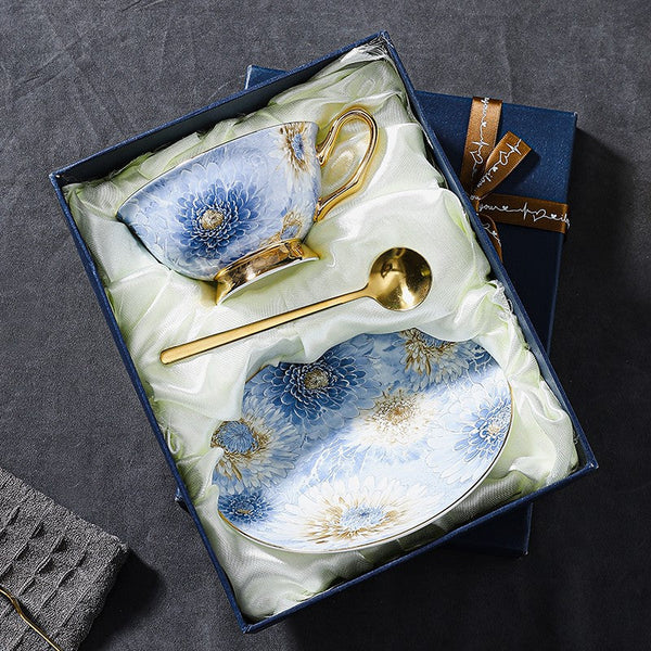 Blue and Pink Beautiful British Tea Cups, Elegant Ceramic Coffee Cups, Creative Bone China Porcelain Tea Cup Set, Unique Tea Cups and Saucers in Gift Box-Art Painting Canvas