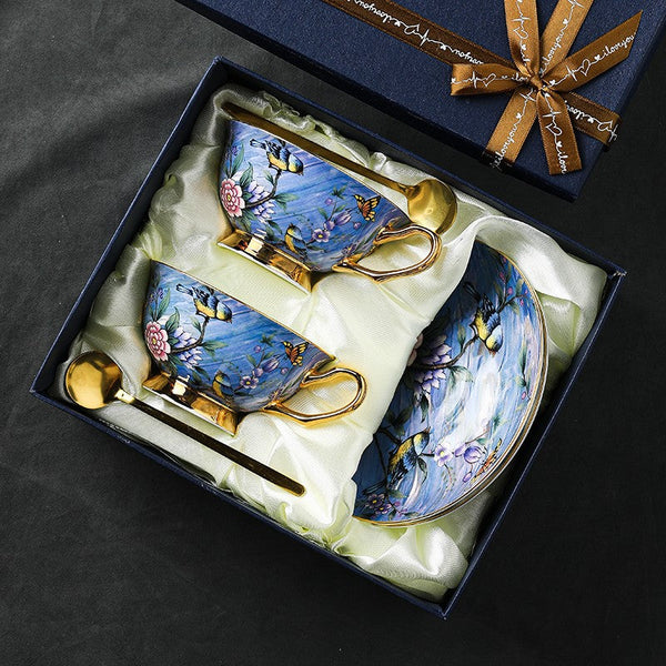 Unique British Tea Cup and Saucer in Gift Box, Blue Bird and Butterfly Bone China Porcelain Tea Cup Set, Elegant British Ceramic Coffee Cups-Art Painting Canvas