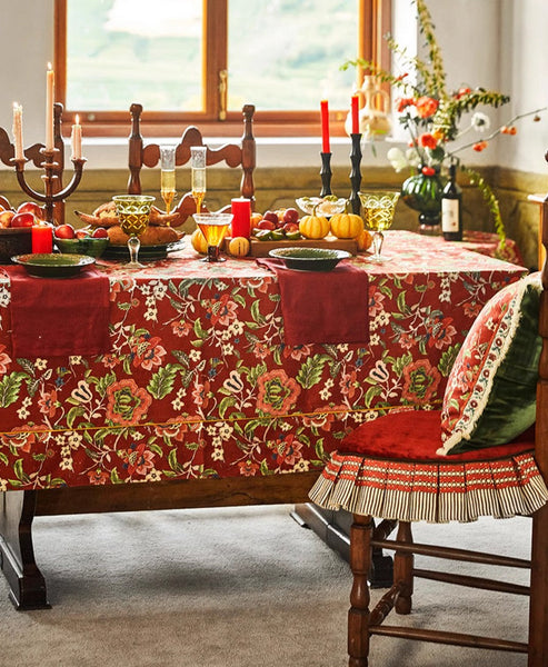 Large Modern Rectangle Tablecloth for Dining Table, Azalea Flower Pattern Table Covers for Dining Table, Red Flower Pattern Table Cloth for Oval Table-Art Painting Canvas