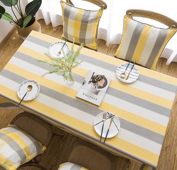 Yellow Stripe Cotton and Linen Tablecloths, Rectangular Tablecloth for Oval Table, Kitchen Rectangular Table Covers, Modern Table Cloths for Dining Room-Art Painting Canvas