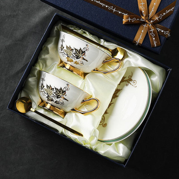 Elegant British Ceramic Coffee Cups, Golden Leaves and Grapes Bone China Porcelain Tea Cup Set, Unique British Tea Cup and Saucer in Gift Box-Art Painting Canvas