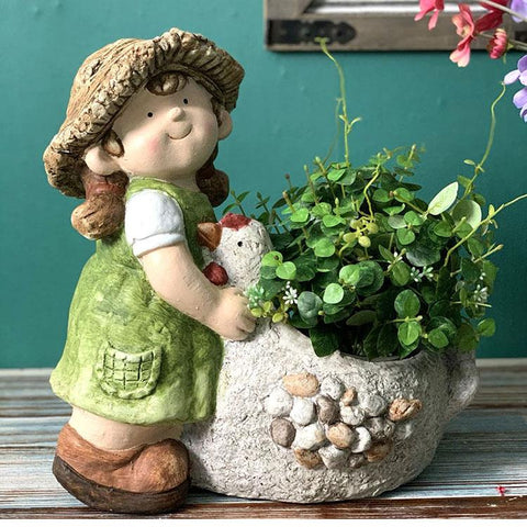 Extra Large Figure Statue, Boy and Girl Flower Pot, Figure Statue for Garden Ornament, Modern Outdoor Decoration, Garden Ideas-Art Painting Canvas