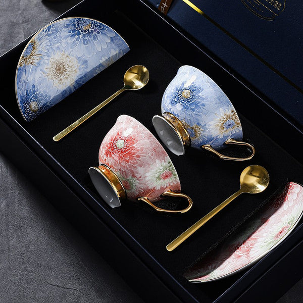 Blue and Pink Beautiful British Tea Cups, Elegant Ceramic Coffee Cups, Creative Bone China Porcelain Tea Cup Set, Unique Tea Cups and Saucers in Gift Box-Art Painting Canvas