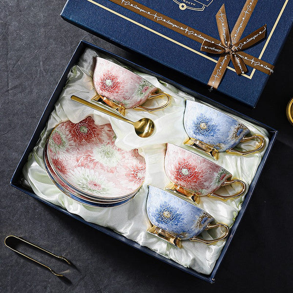 Blue and Pink Beautiful British Tea Cups, Elegant Ceramic Coffee Cups, Creative Bone China Porcelain Tea Cup Set, Unique Tea Cups and Saucers in Gift Box-Art Painting Canvas