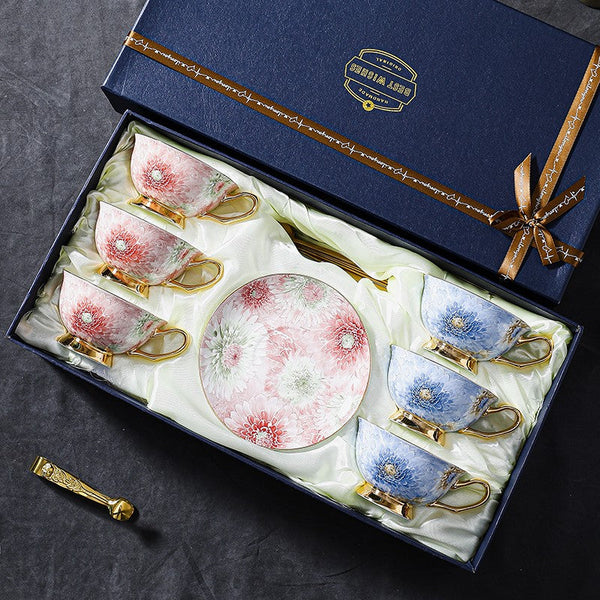 Blue and Pink Beautiful British Tea Cups, Elegant Ceramic Coffee Cups, Creative Bone China Porcelain Tea Cup Set, Unique Tea Cups and Saucers in Gift Box-Art Painting Canvas