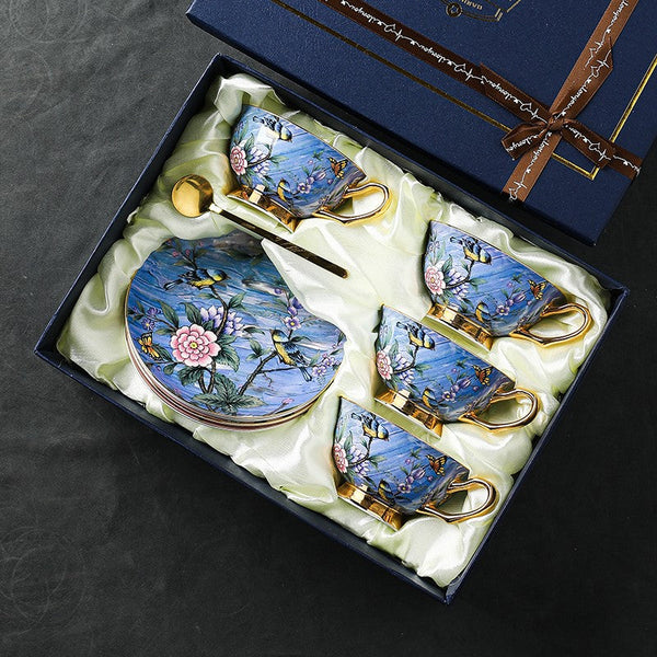 Blue Bird and Butterfly Bone China Porcelain Tea Cup Set, Unique British Tea Cup and Saucer in Gift Box, Elegant British Ceramic Coffee Cups-Art Painting Canvas